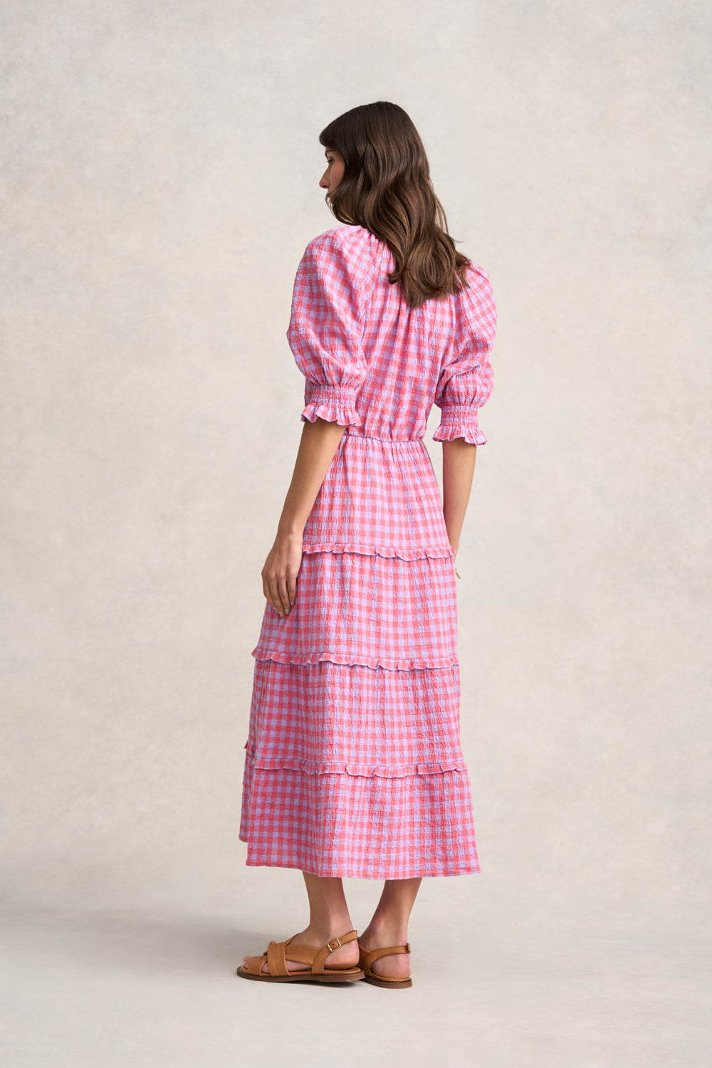 Cotton Gingham Tiered Dress - Lilac & Coral Gingham