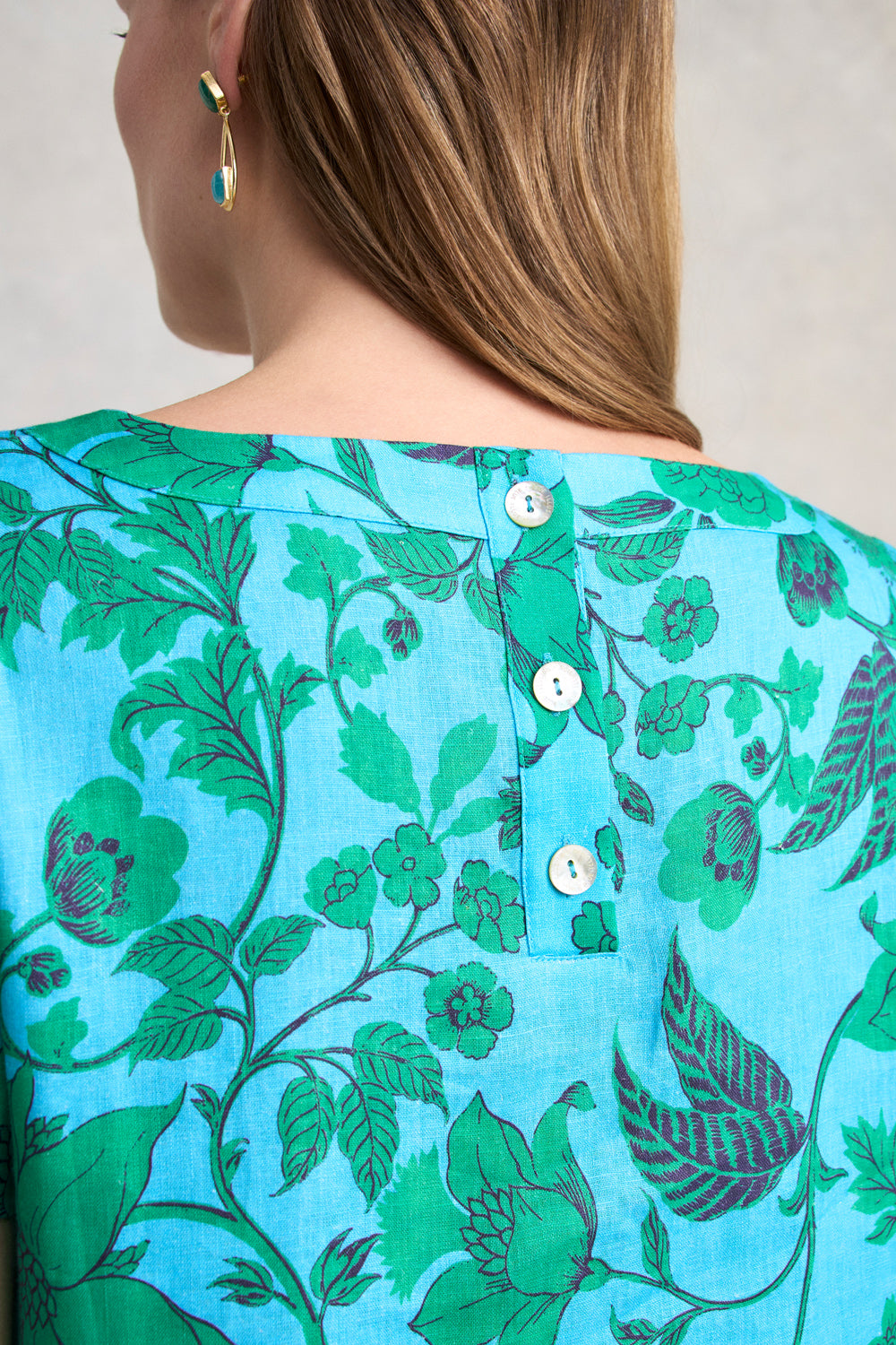 French Linen Shift Dress - Emerald Floral