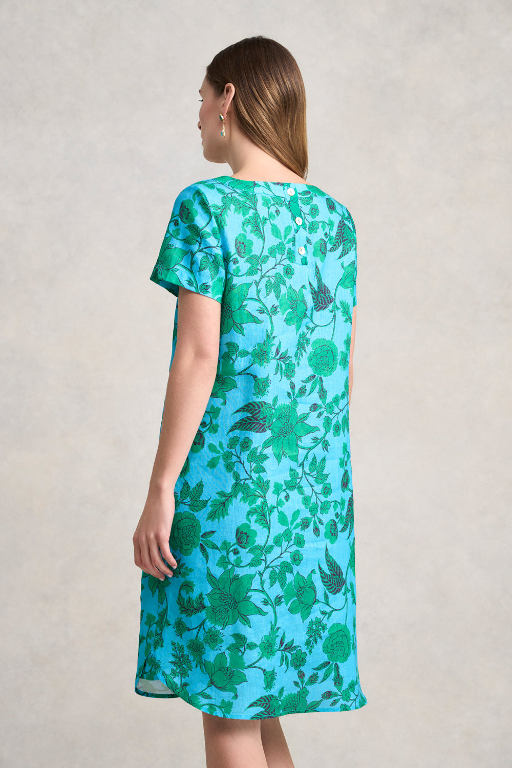 French Linen Shift Dress - Emerald Floral