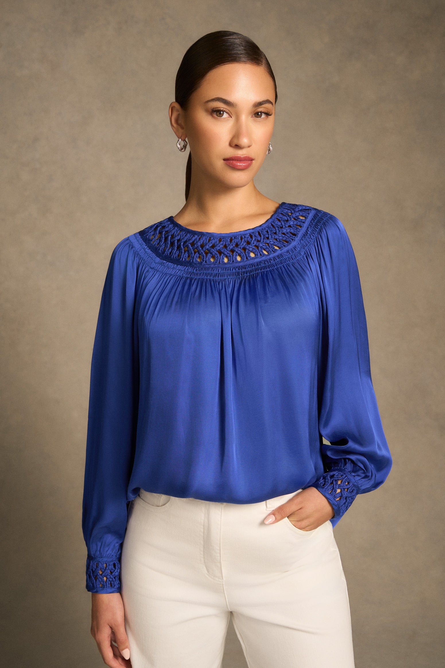 Braided Trim Blouse - Dark Royal Blue