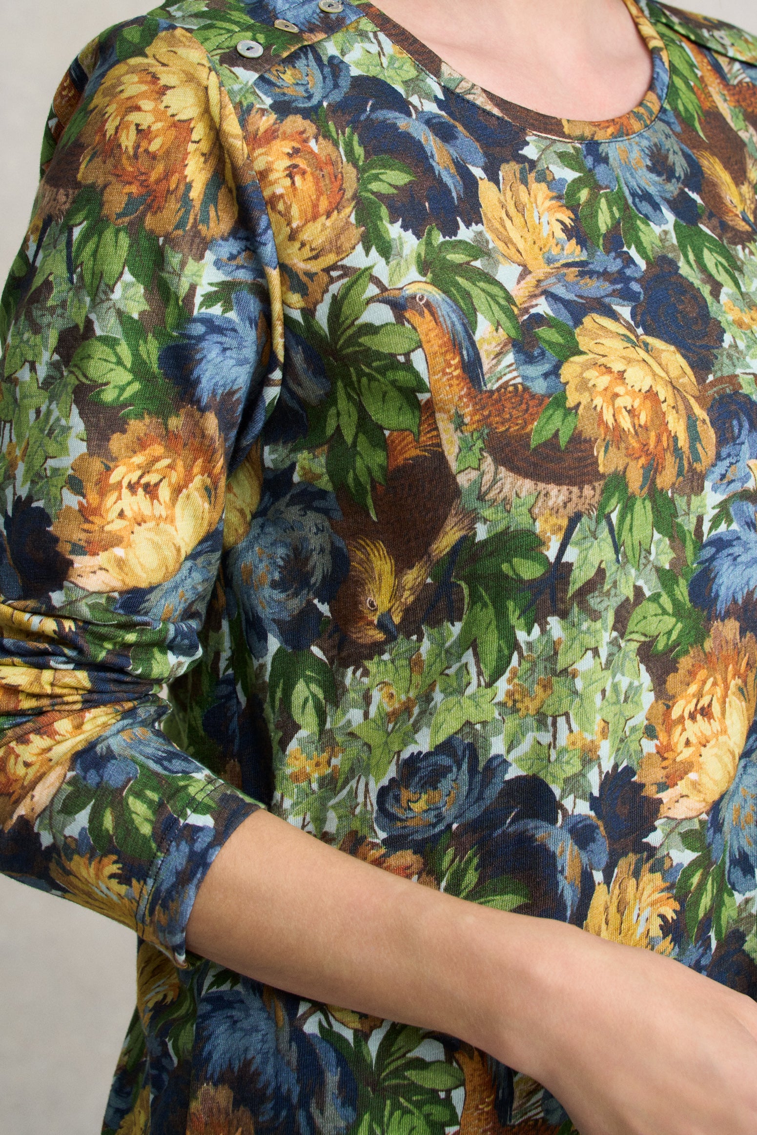 Long Sleeve Button Detail T-Shirt - Peony Print