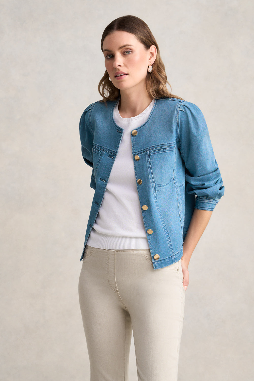 Puff Sleeve Denim Jacket- Mid Denim Blue