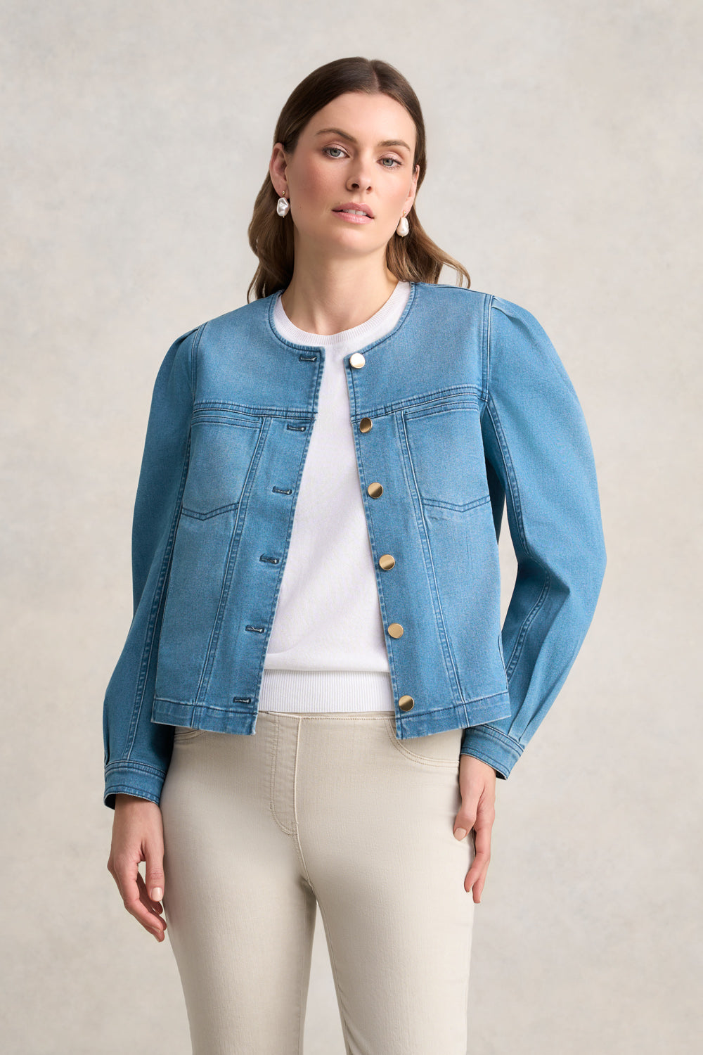 Puff Sleeve Denim Jacket- Mid Denim Blue