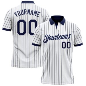 Custom White Navy Pinstripe-Navy Performance Polo Shirt