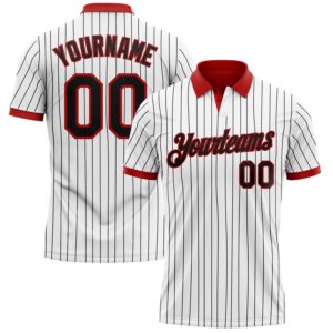 Custom White Black Pinstripe-Red Performance Polo Shirt