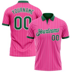 Custom Pink White Pinstripe-Kelly Green Performance Polo Shirt