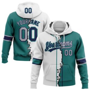 Custom Teal Gray Navy-White Split Ripped Pattern Baseball Pullover Sweatshirt Hoodie